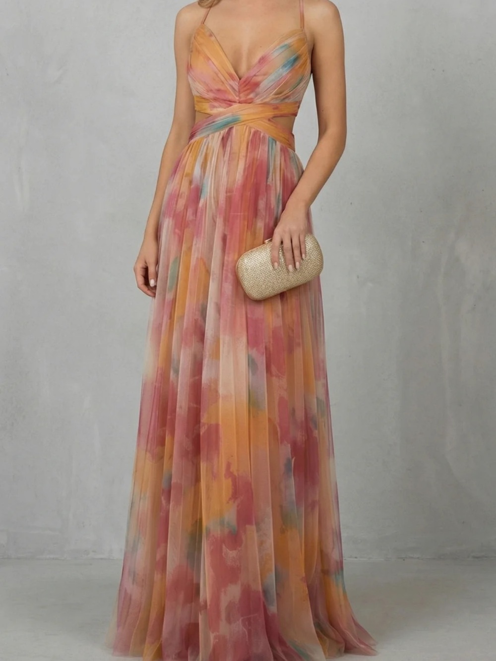 Strapless V-Neck Watercolor Maxi Dress in Blush Multi
